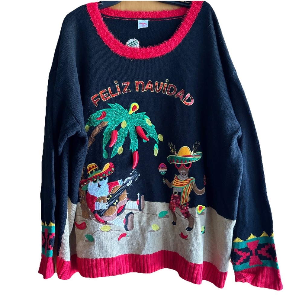 Women's 2X Feliz Navidad Ugly Christmas Sweater 3D Chili Pepper Santa Sombrero‎